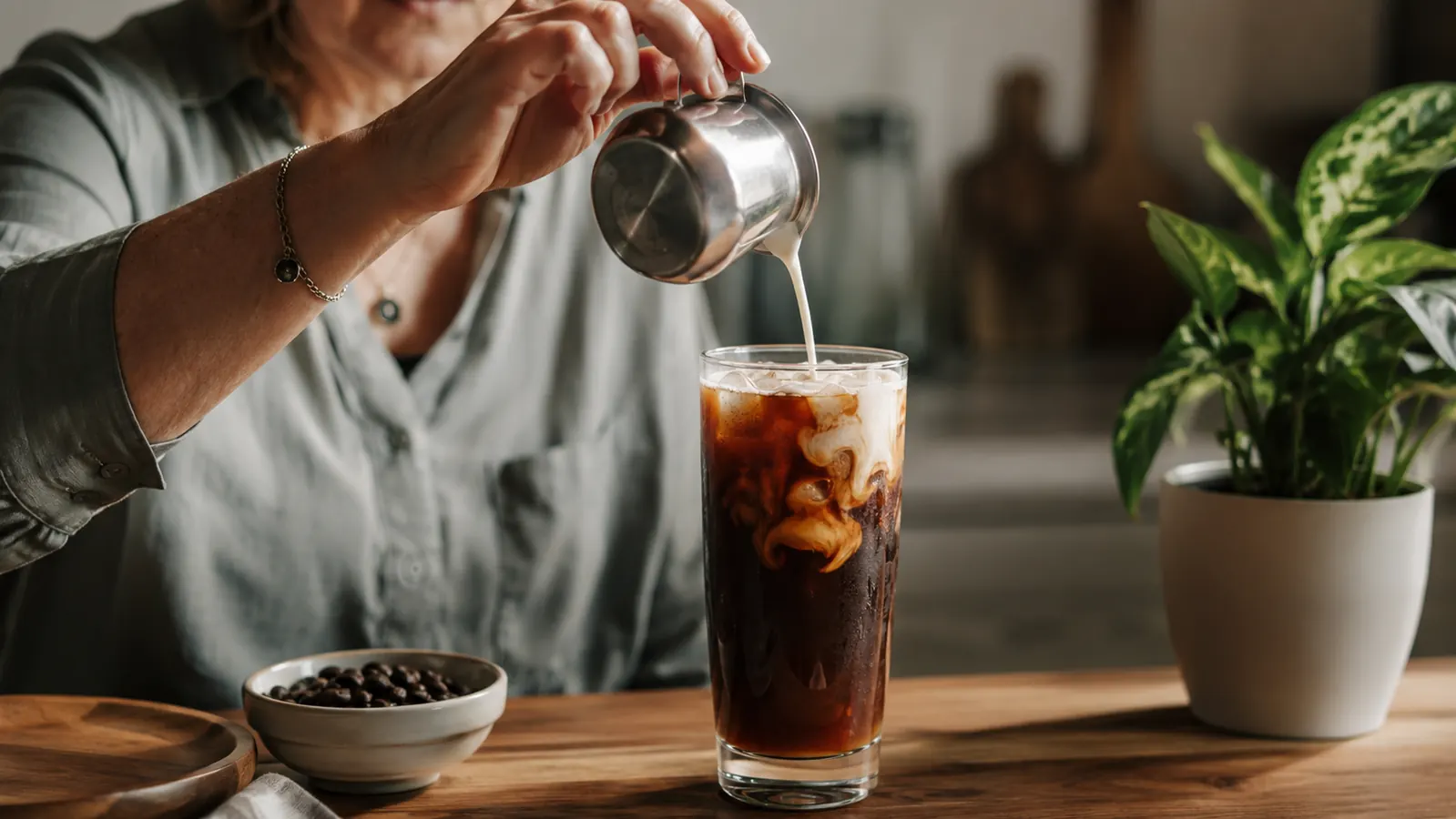 Glass of iced cold brew coffee with milk being poured in, condensation dripping down the glass, on a wood counter