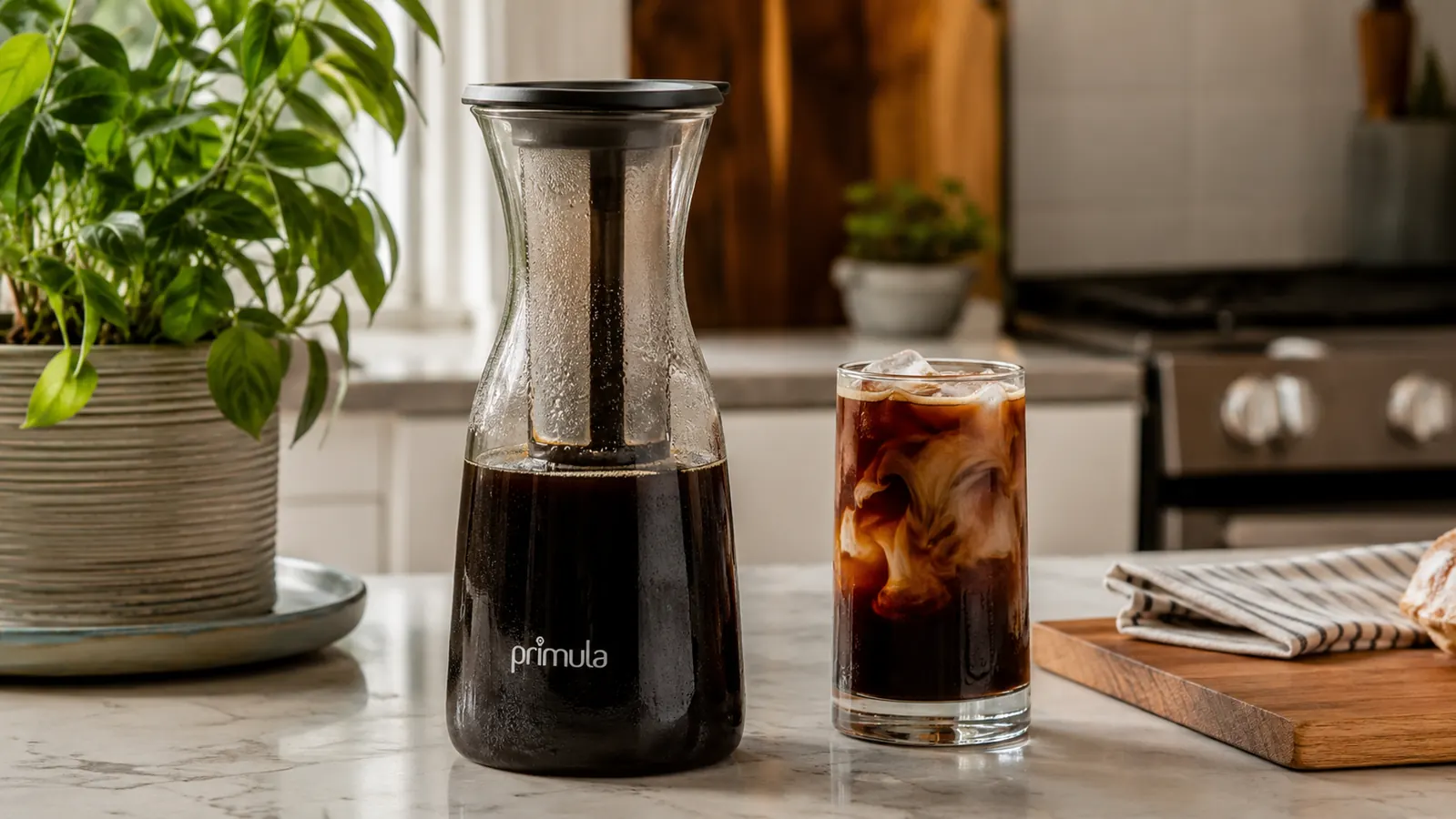 Primula cold brew carafe sitting on a kitchen counter with morning light coming through a window