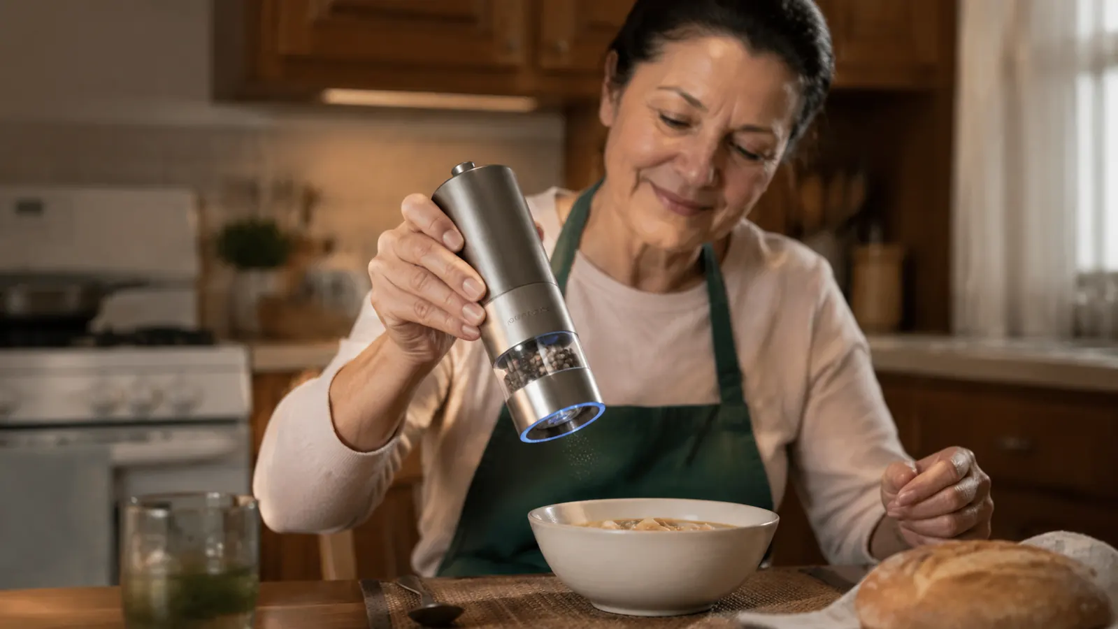 An older woman with mild arthritis using the Circle Joy electric grinder one-handed over a bowl of soup