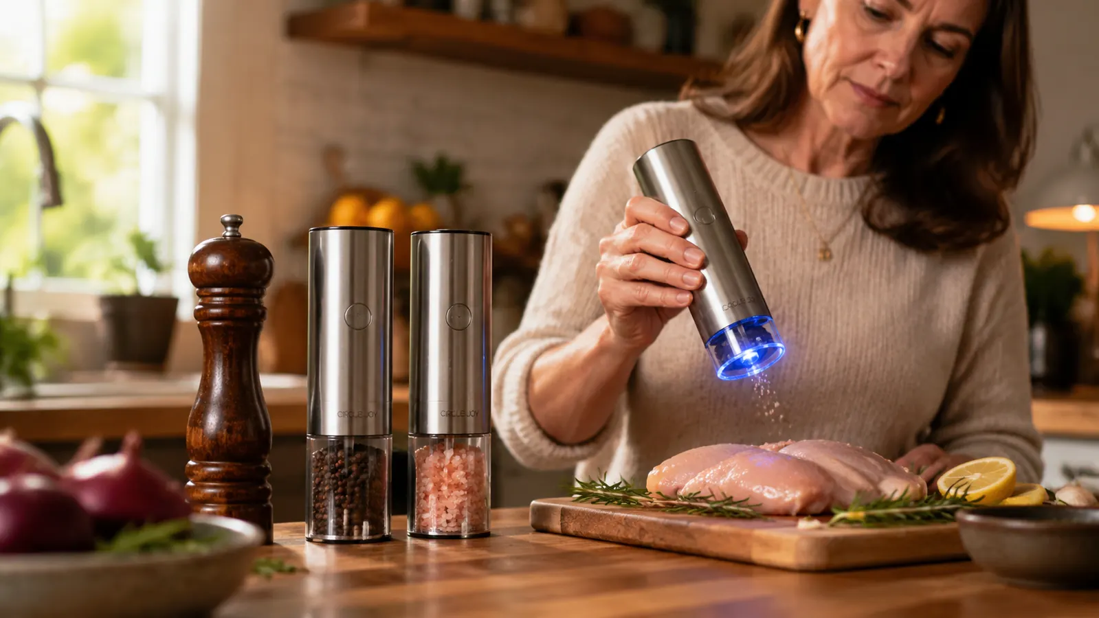 Circle Joy electric salt and pepper grinder set standing next to a manual wooden pepper mill on a busy kitchen counter