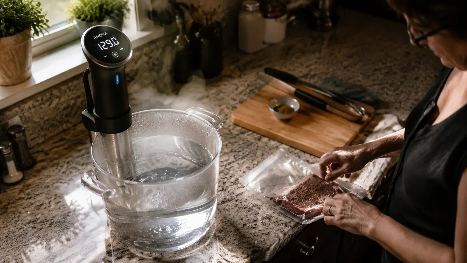 Anova sous vide circulator clipped to a stockpot on a kitchen counter, steam rising gently from the water