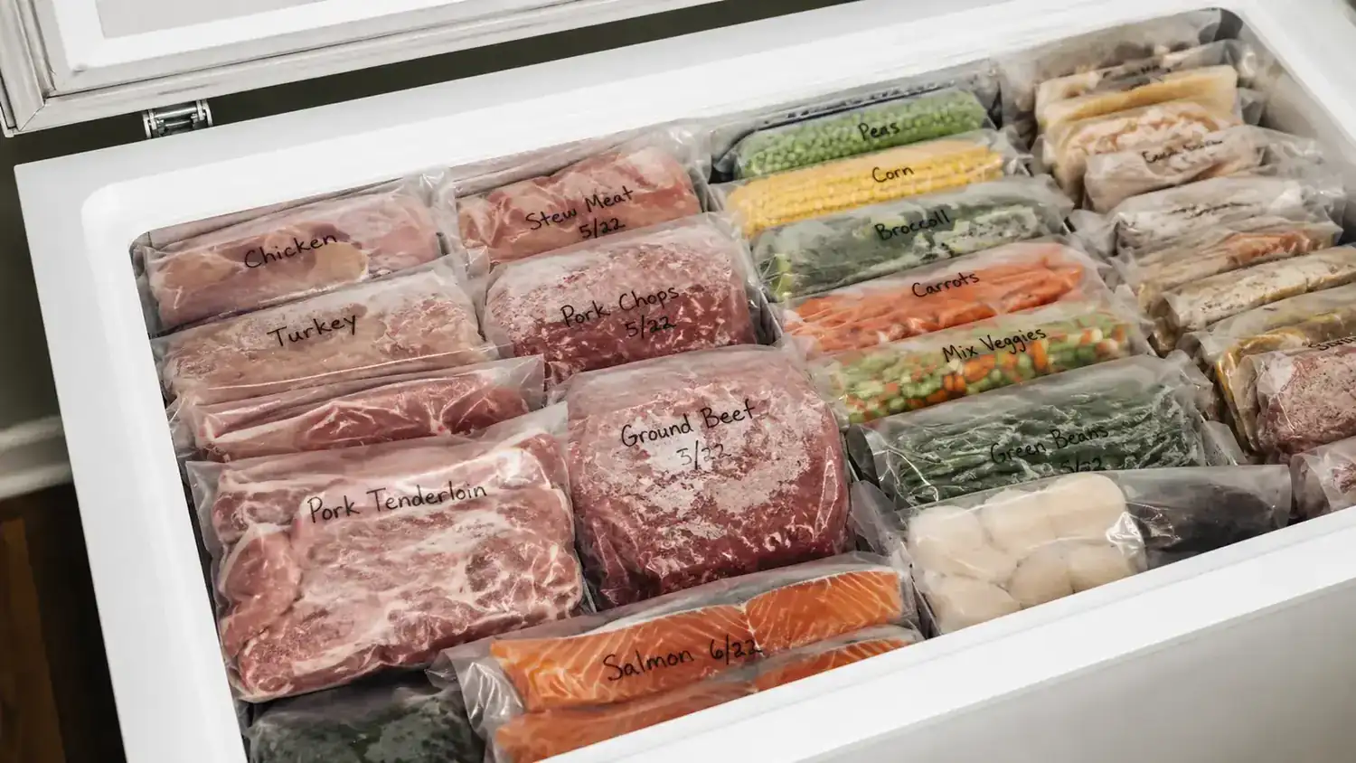 Rows of vacuum sealed meat and produce bags neatly stacked in a chest freezer