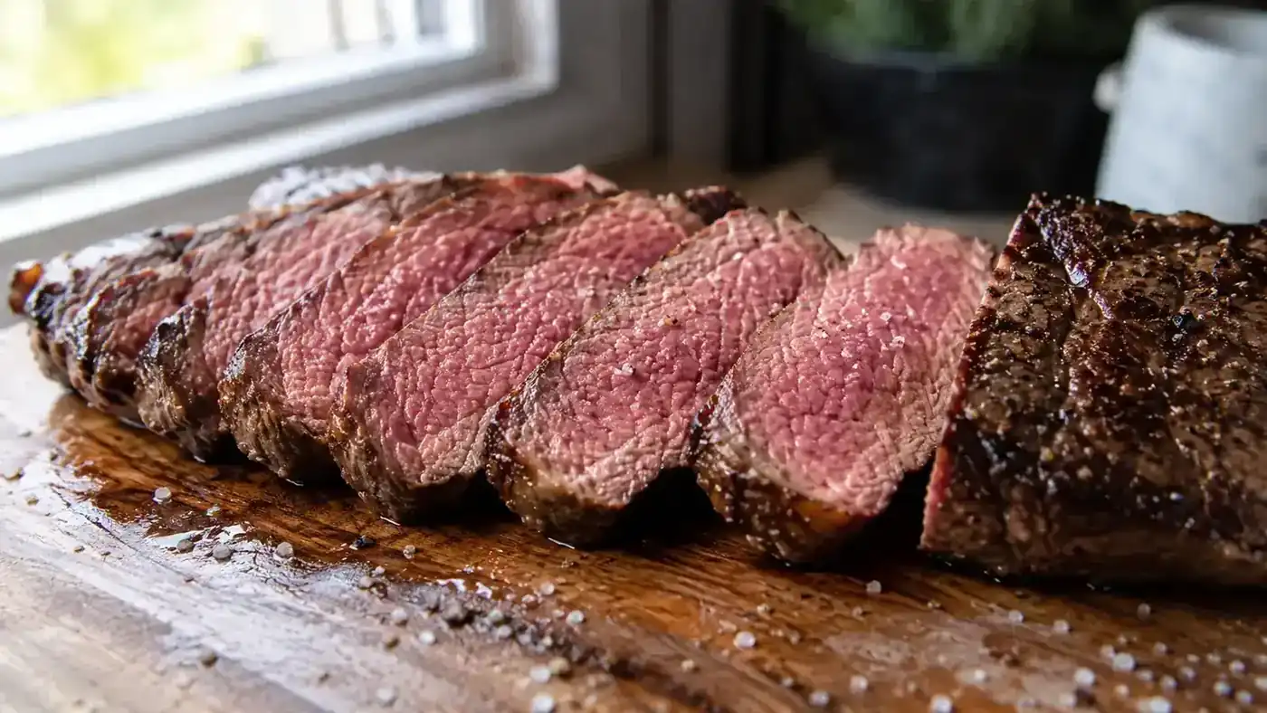 A perfectly pink, edge-to-edge medium-rare steak sliced open on a wooden cutting board