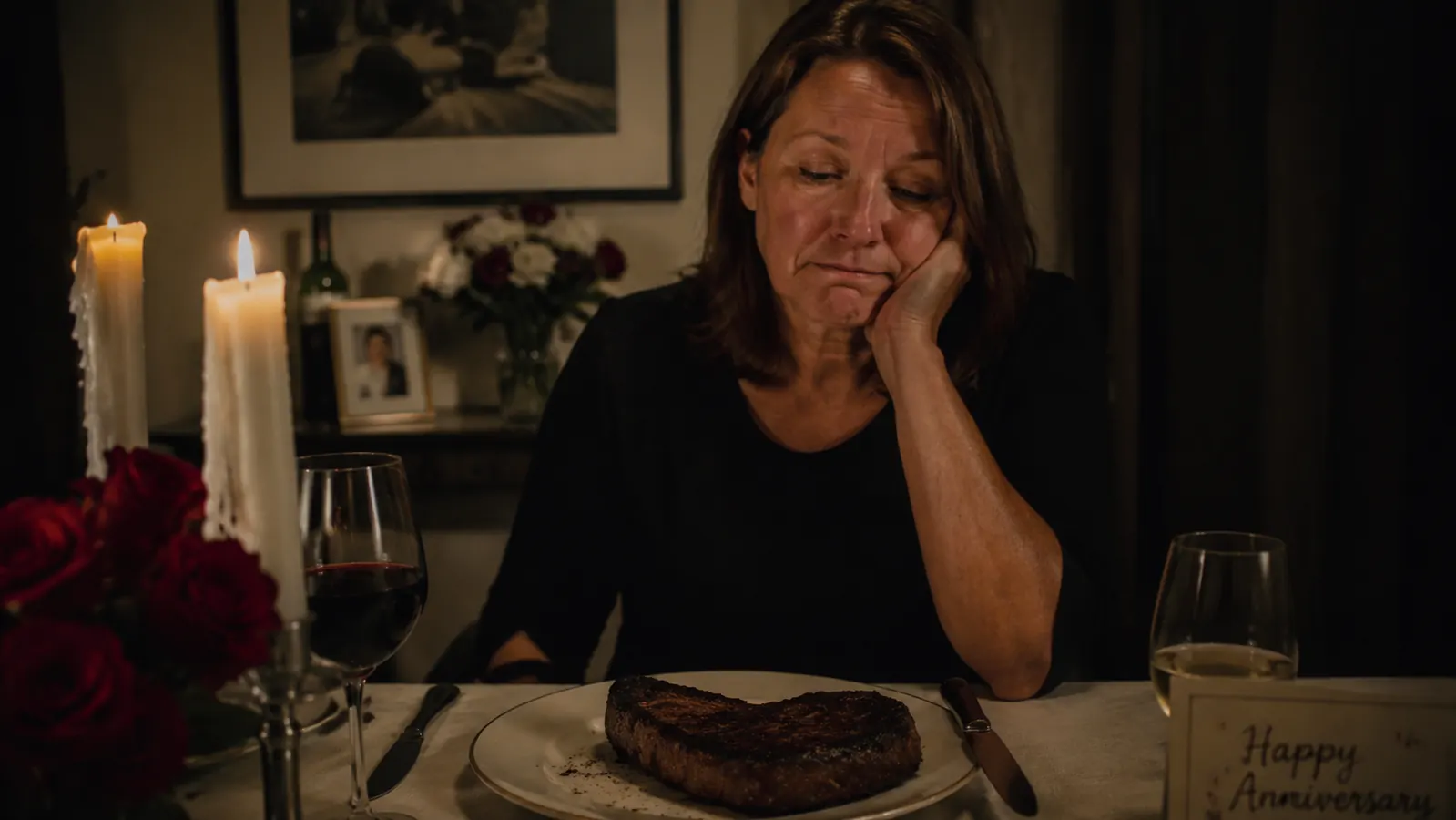 A gray, overcooked steak sitting untouched on a white dinner plate next to two unlit candles
