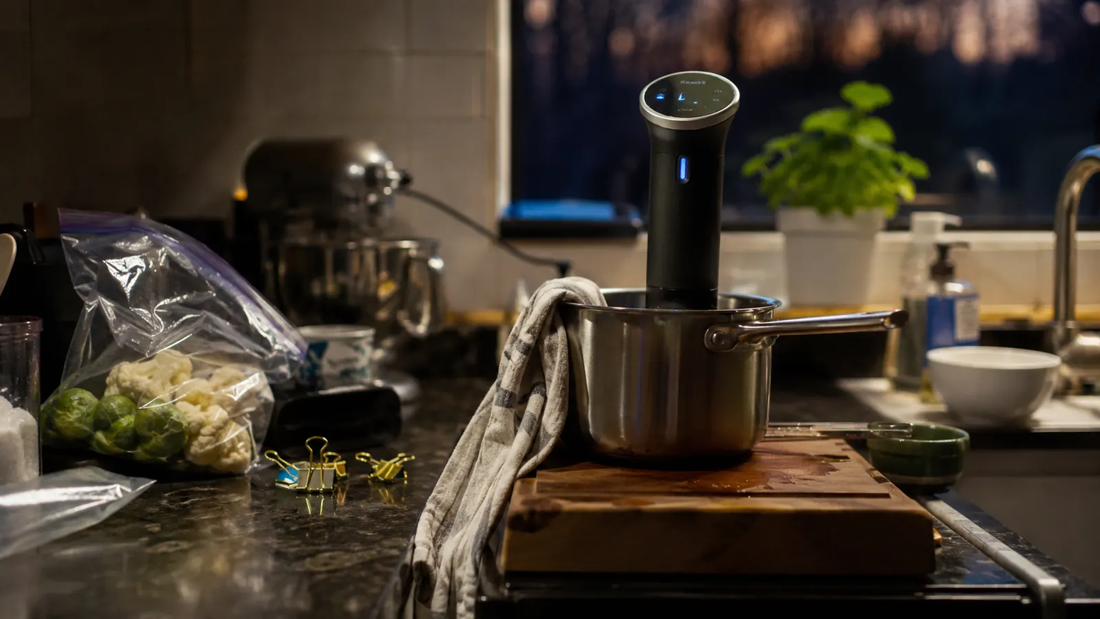 Anova Precision Cooker clamped to a narrow pot on a cluttered kitchen counter with a dish towel and binder clips nearby