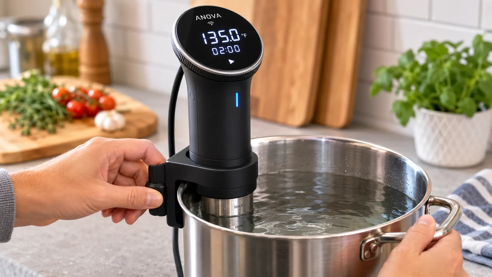 Hand clamping the Anova Precision Cooker 2.0 to the rim of a stockpot with the digital display lit