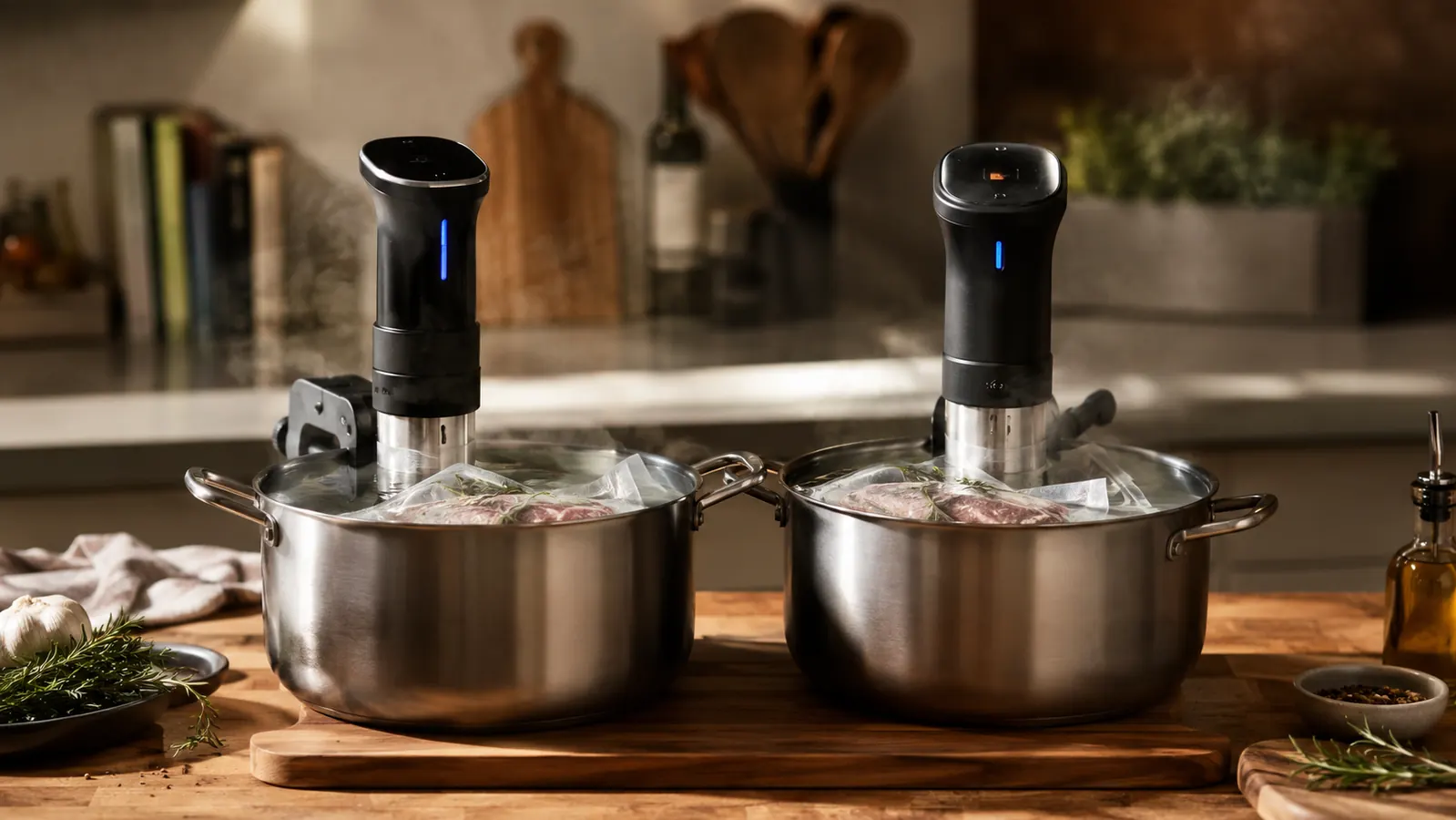 Anova Precision Cooker 2.0 and an Inkbird sous vide circulator clamped to two separate stockpots on a kitchen counter