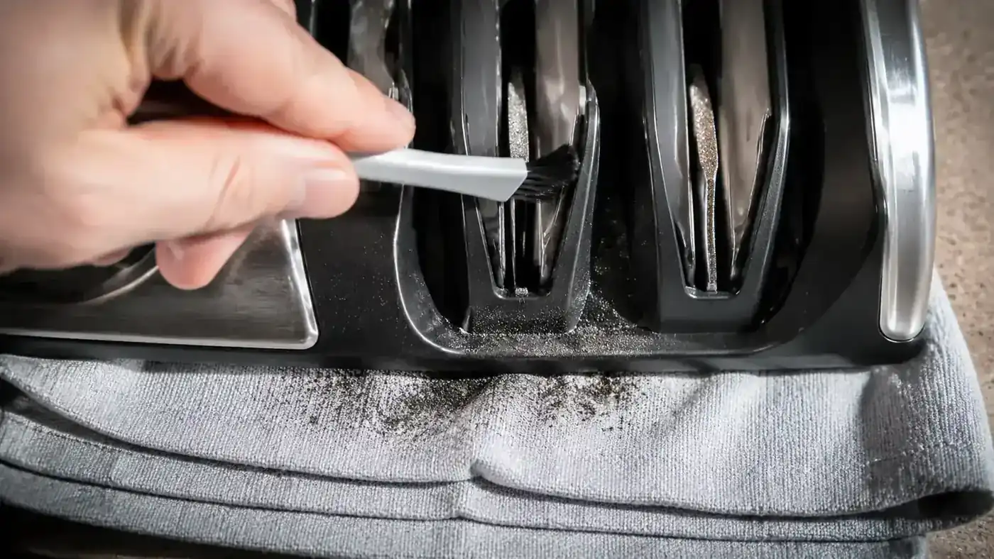 A small brush clearing metal filings out of the abrasive slots of an electric knife sharpener