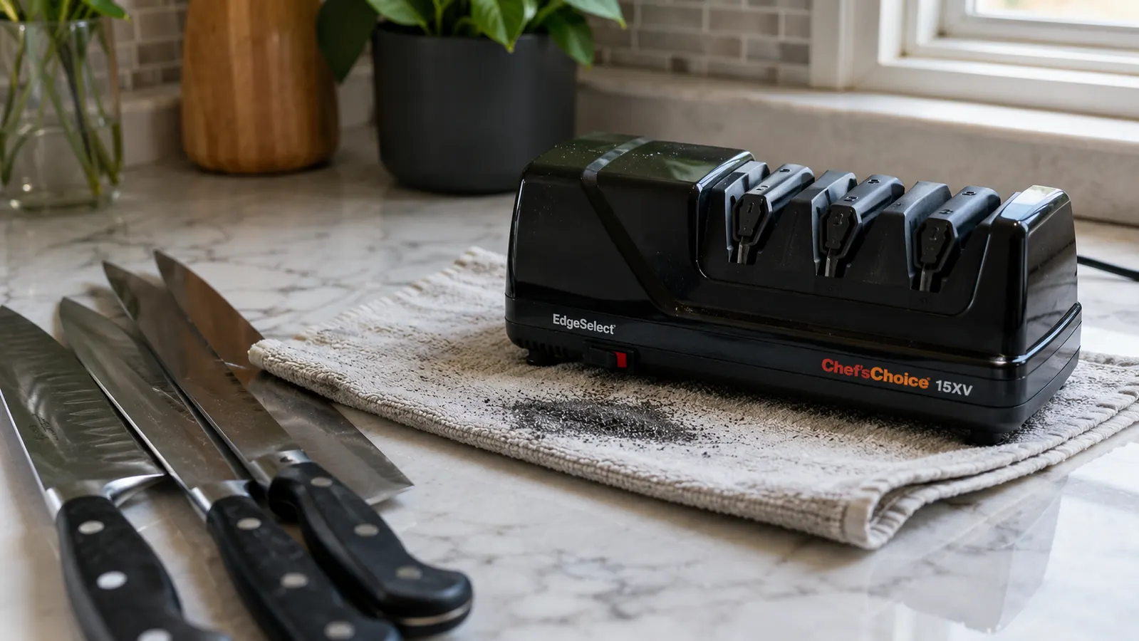 Chef'sChoice 15XV EdgeSelect electric knife sharpener on a counter with a small pile of fine metal dust visible beside it