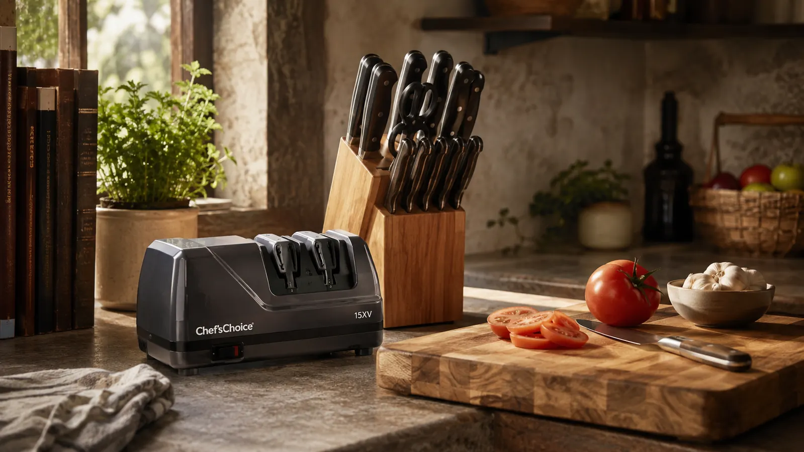 Chef'sChoice 15XV EdgeSelect electric knife sharpener sitting on a wood counter next to a knife block, morning light through a window