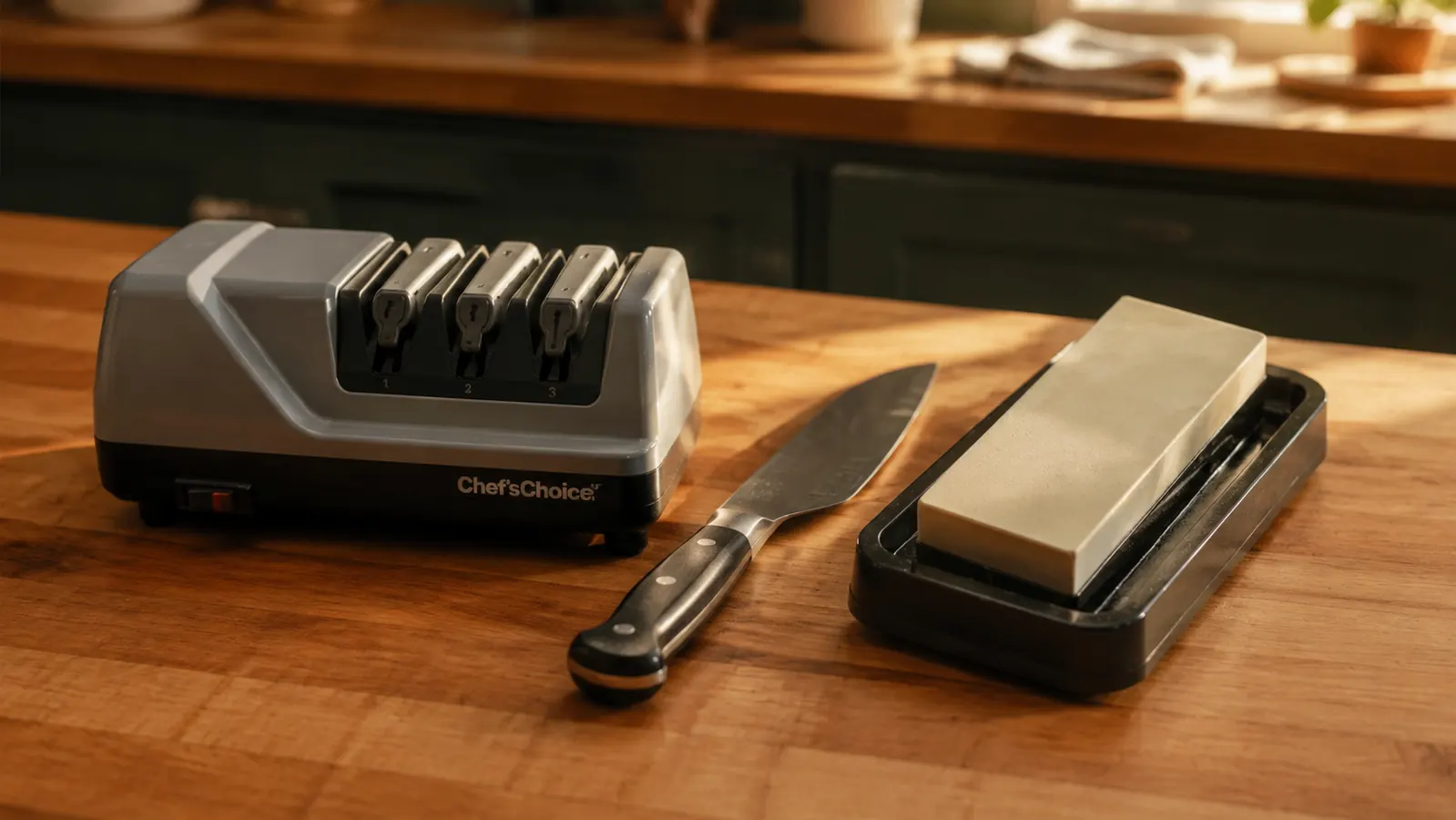 Chef'sChoice 15XV EdgeSelect electric sharpener sitting next to a traditional whetstone on a wood kitchen counter