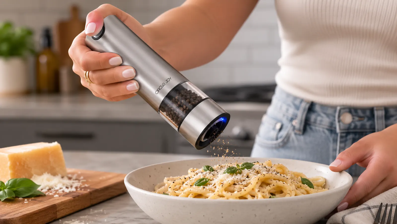 Hand tilting the Circle Joy grinder firmly sideways over a bowl of pasta, testing how hard the tilt has to be to activate the sensor