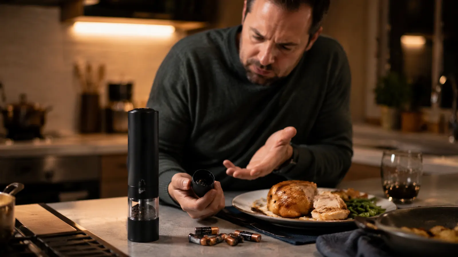 Circle Joy gravity electric pepper grinder sitting dark and unresponsive next to a half-plated dinner, batteries beside it