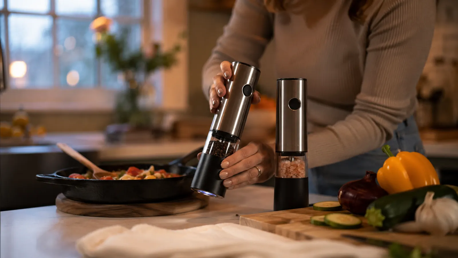 Circle Joy gravity electric salt and pepper grinder set standing on a kitchen counter with the blue LED glowing during a grind