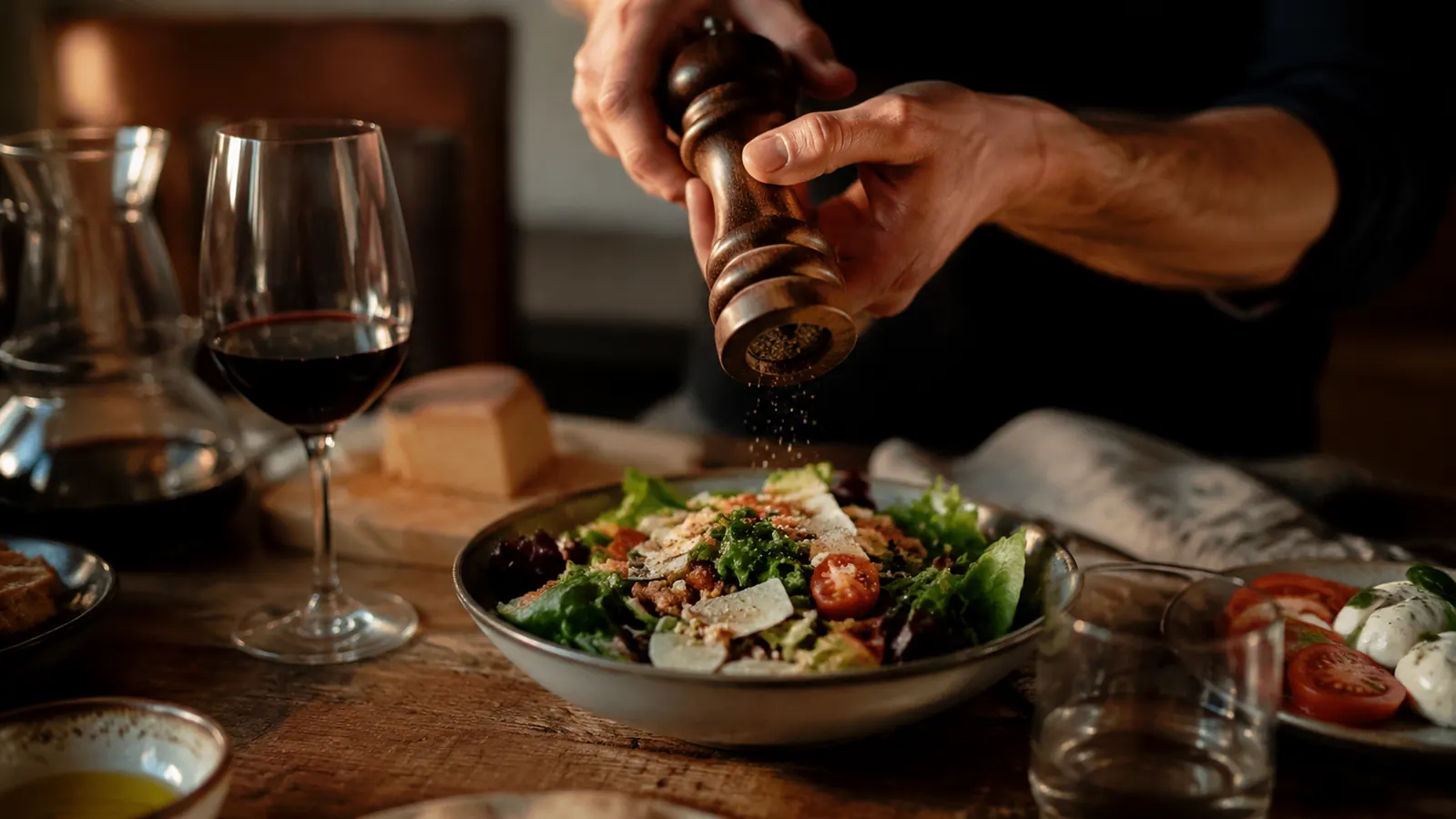 A wooden Peugeot pepper mill being twisted by hand over a salad on a rustic dinner table