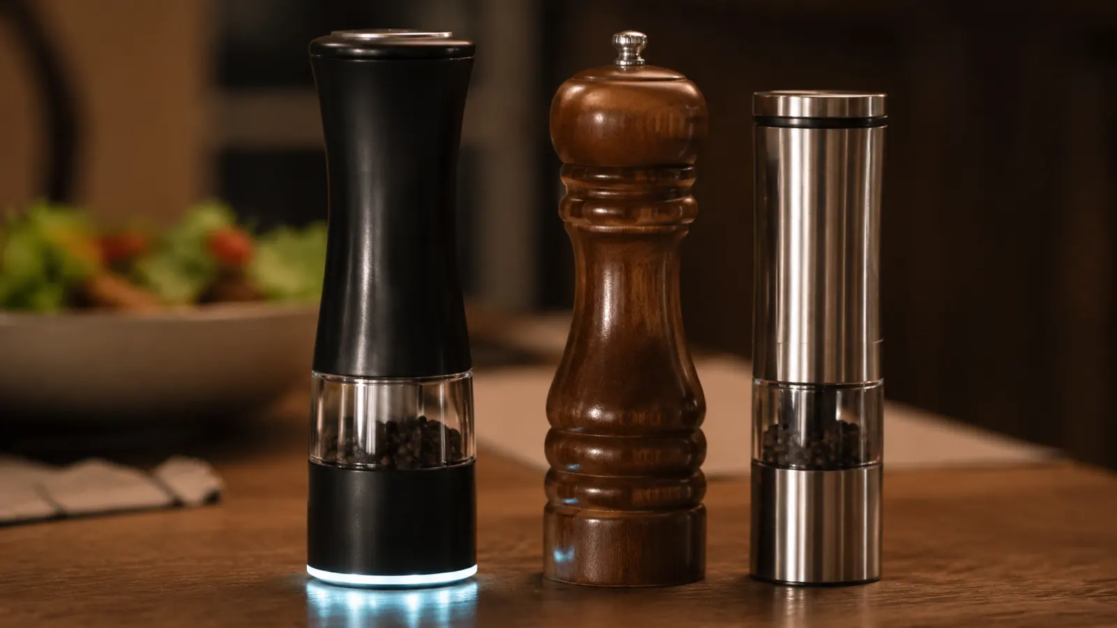 Circle Joy Gravity Electric Salt and Pepper Grinder Set standing next to a wooden Peugeot pepper mill and a stainless OXO mill on a kitchen counter
