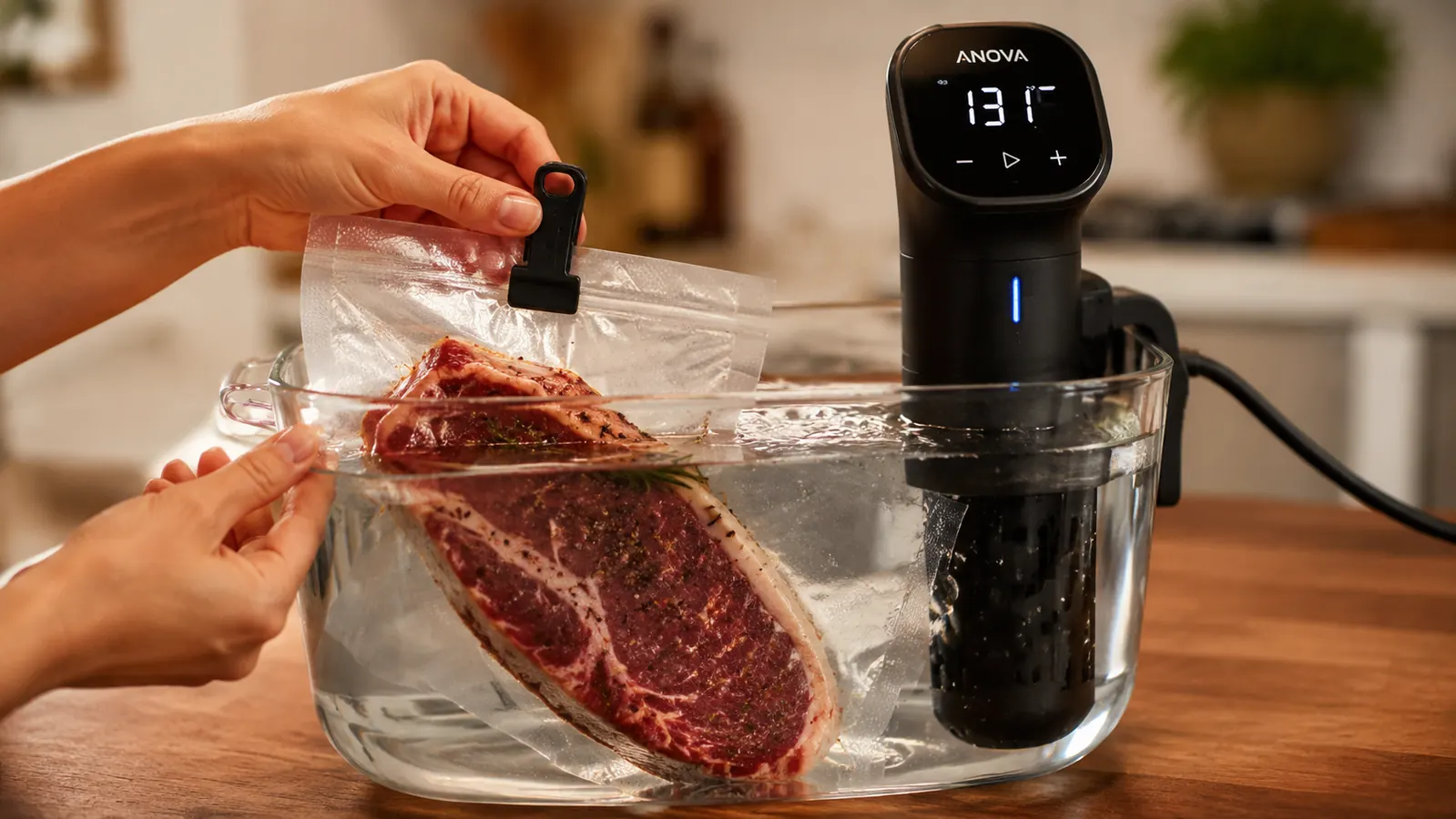 Hand clipping a vacuum-sealed raw steak bag to the side of a water bath with the Anova circulator running