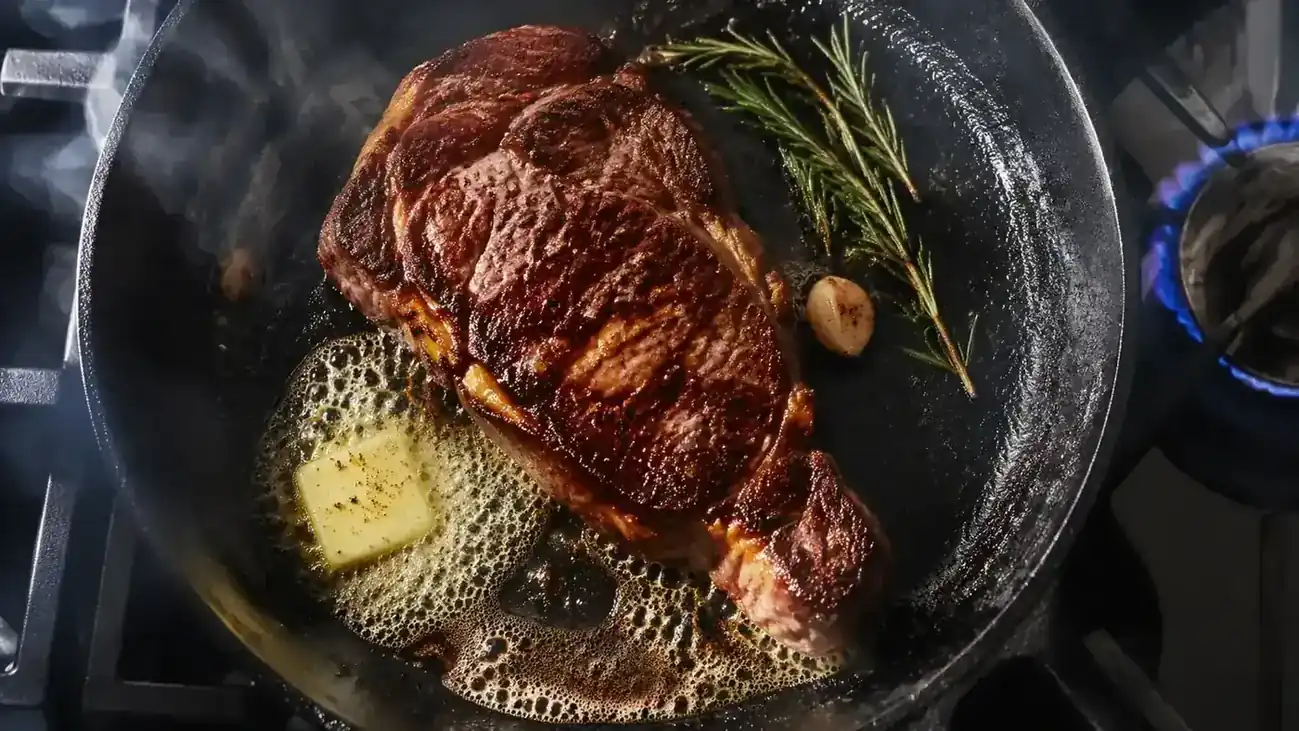Cast iron skillet searing a steak with visible smoke and a dark crust forming over high heat