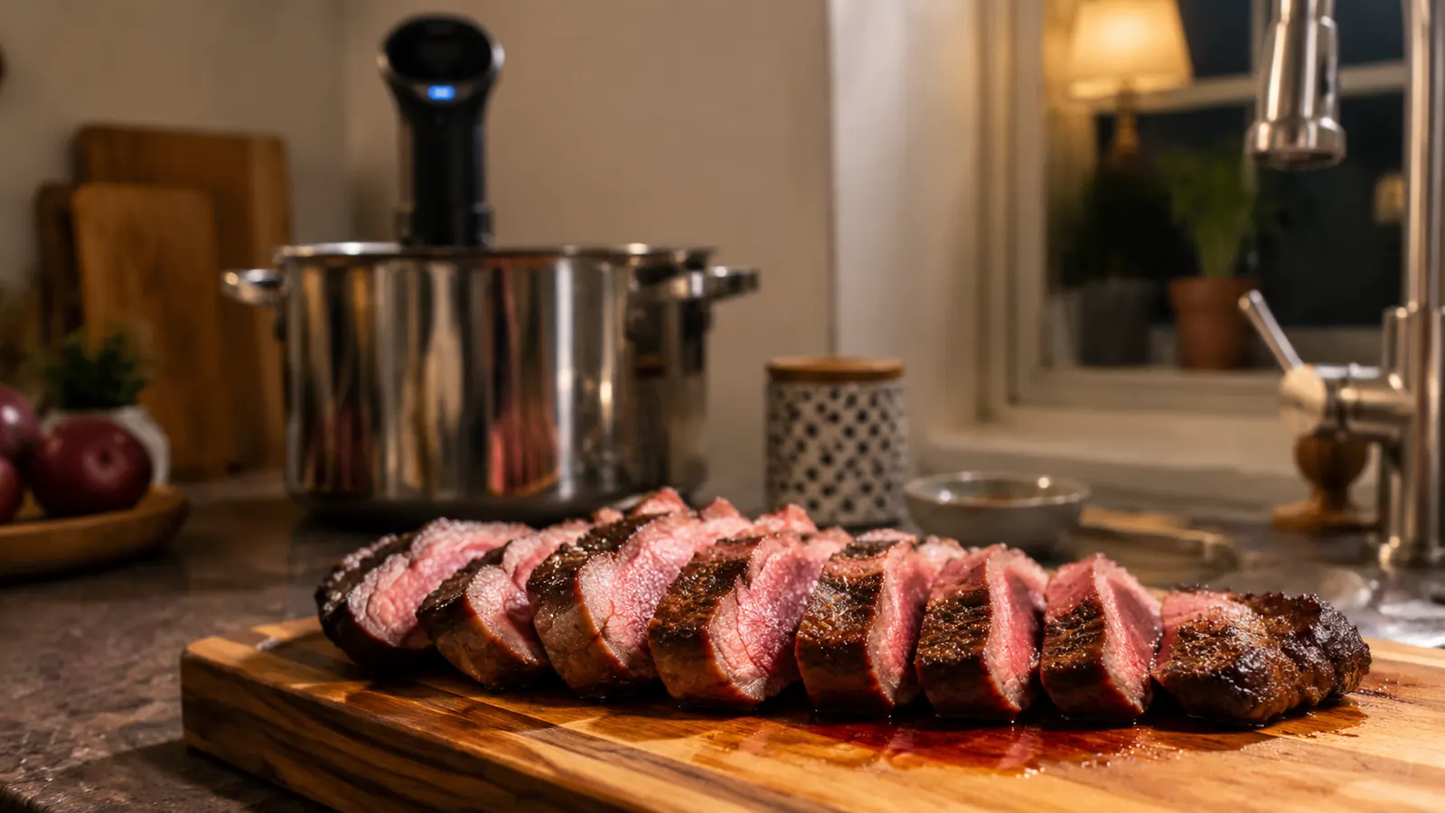 Sliced medium-rare steak on a wooden board next to an Anova Precision Cooker clamped to a stockpot