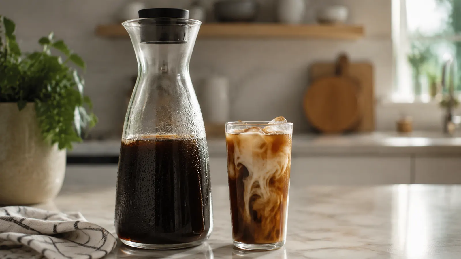 Glass Primula cold brew carafe filled with dark coffee concentrate sitting on a kitchen counter next to a filled glass of iced coffee
