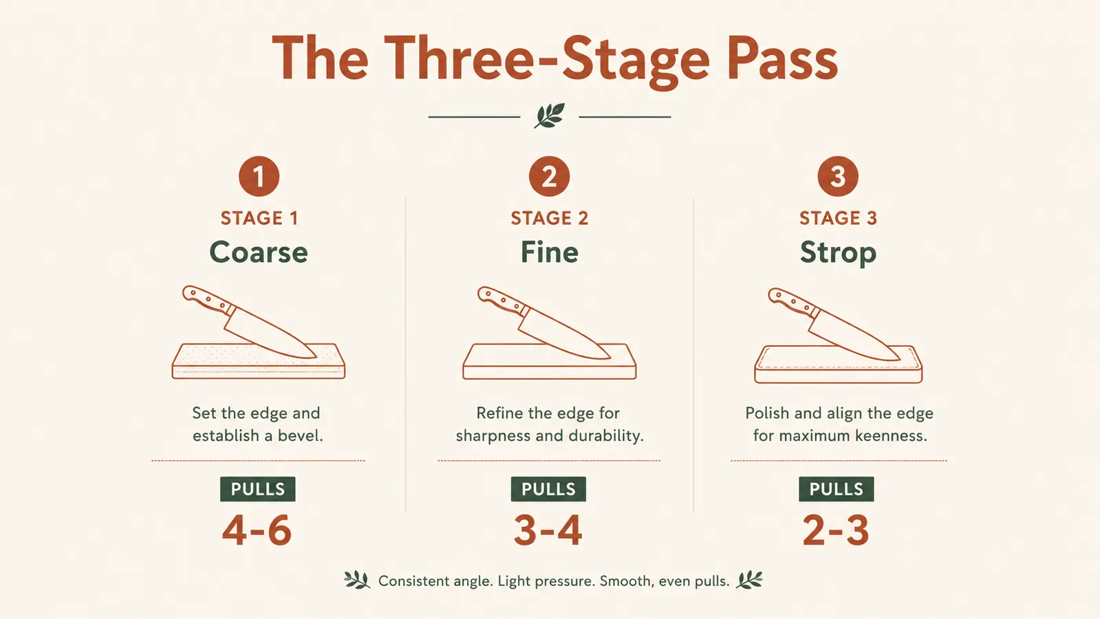 Chart showing the three sharpening stages and how many pulls to use at each stage