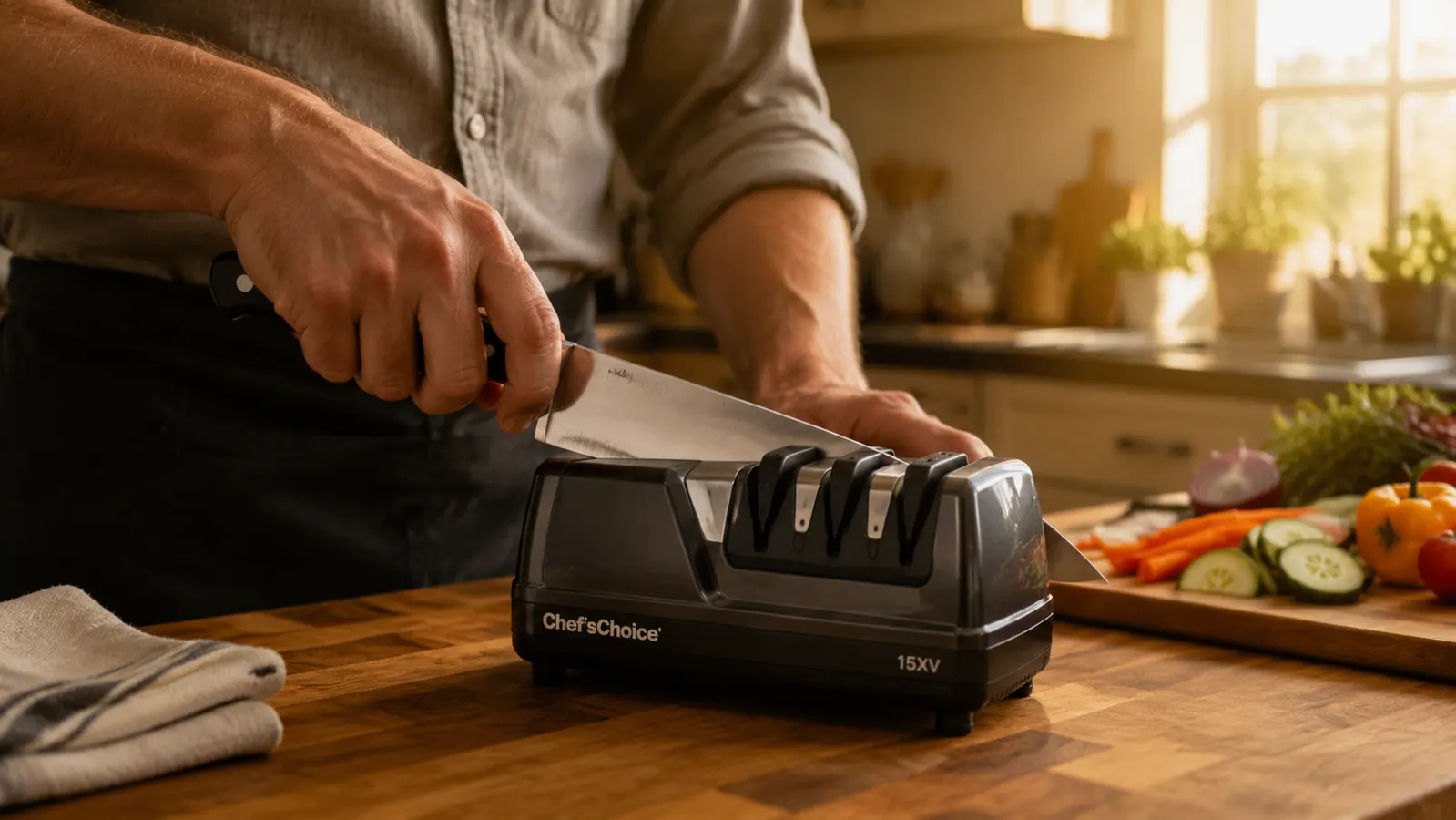 Hand pulling a chef's knife through an electric knife sharpener on a wooden kitchen counter