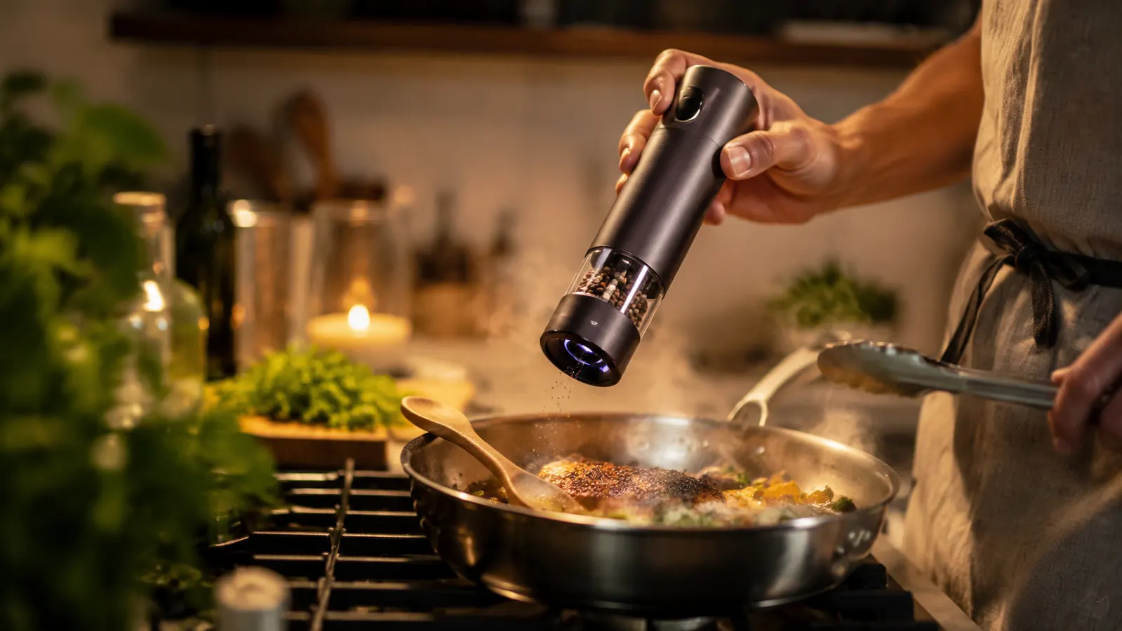 Hand tilting an electric pepper grinder sideways over a sizzling pan on a busy stovetop
