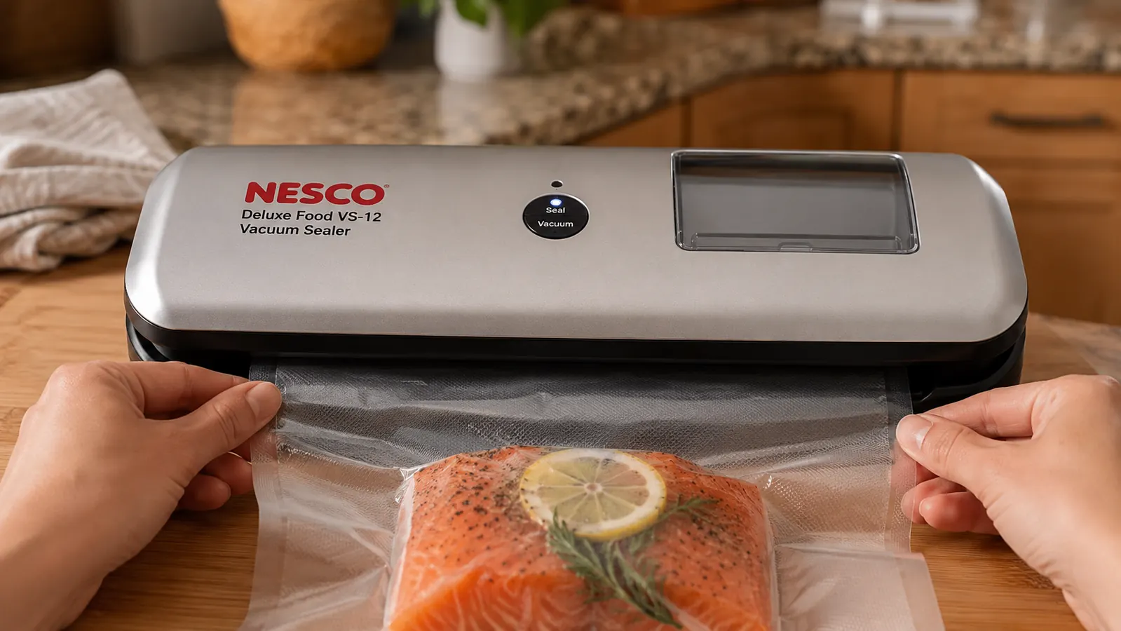 Hand feeding a vacuum sealer bag into the Nesco VS-12 with the lid closed and the seal light on
