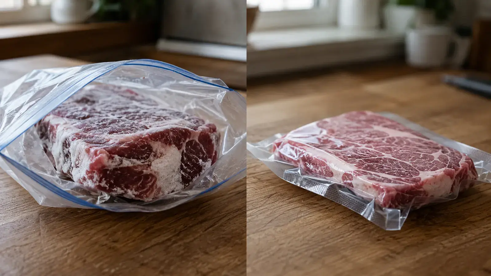 Grey freezer-burned pork chops next to a clean, tightly vacuum-sealed package of the same cut