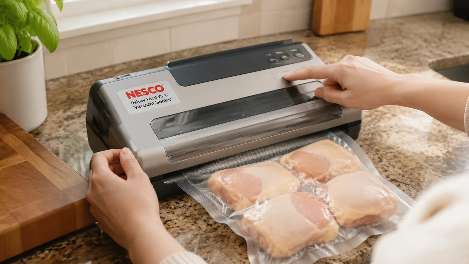 Hand using the Nesco VS-12 vacuum sealer to seal a bag of raw chicken thighs on a kitchen counter