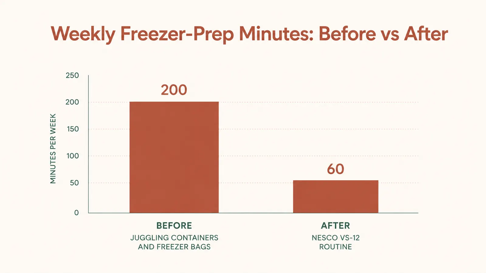 Bar chart comparing weekly freezer-prep minutes before and after switching to the Nesco VS-12