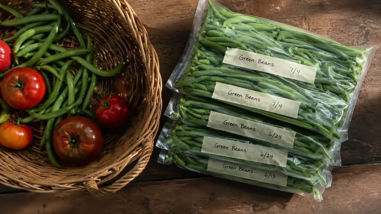 Wicker garden basket of green beans and tomatoes sitting next to a stack of flat, labeled vacuum-sealed bags on a countertop