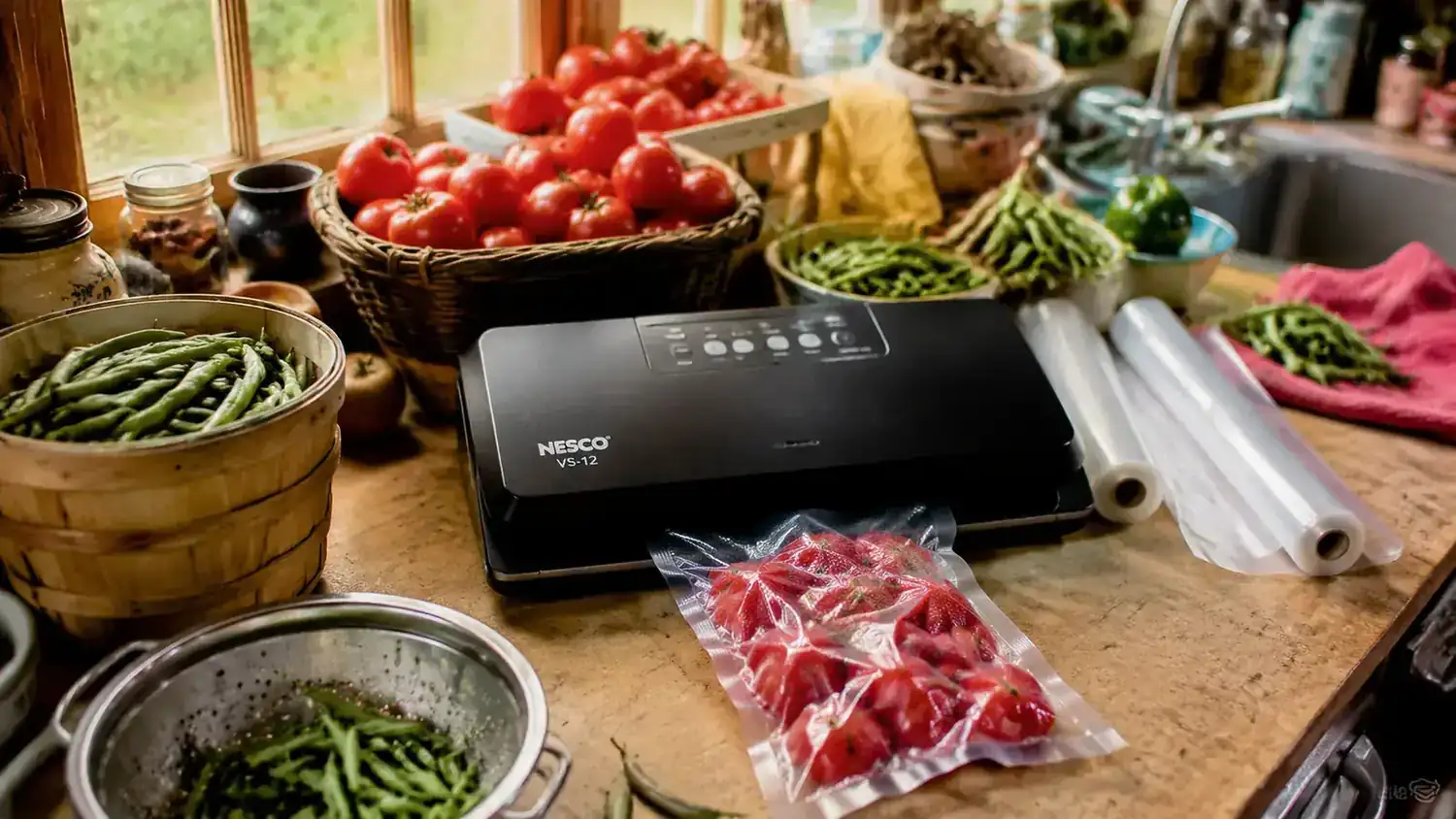Nesco VS-12 vacuum sealer on a busy kitchen counter surrounded by a bumper crop of tomatoes and green beans waiting to be sealed