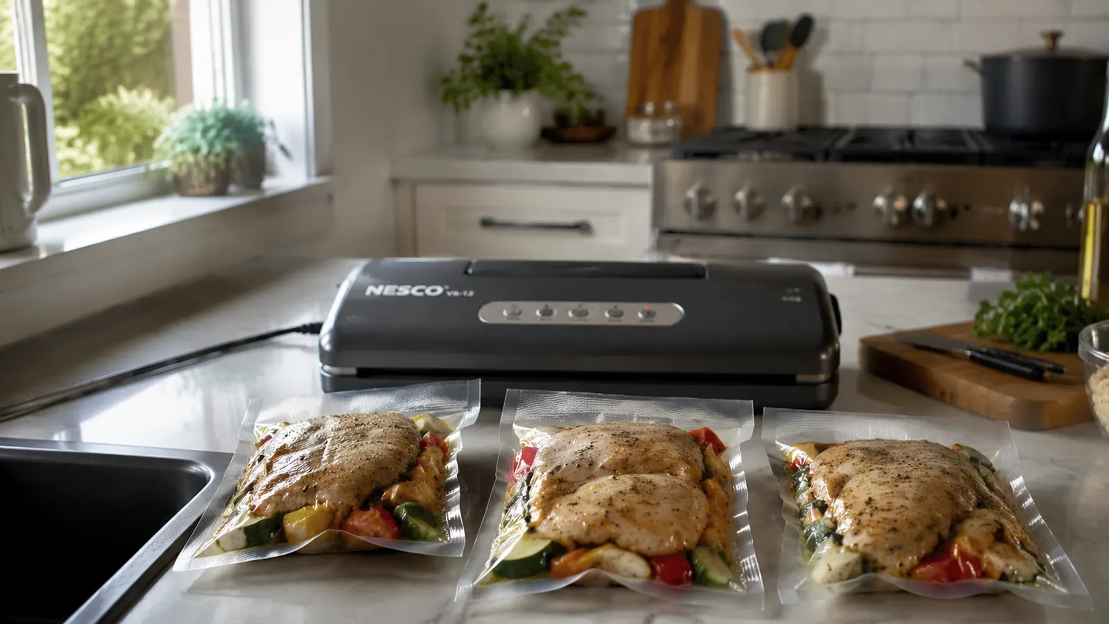 Nesco VS-12 vacuum sealer sitting on a kitchen counter next to sealed bags of prepped chicken and vegetables