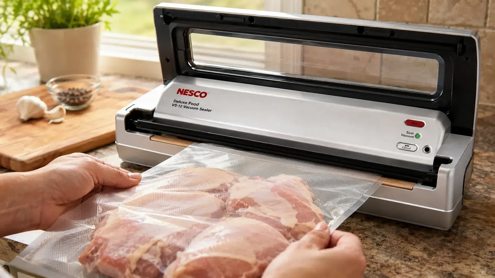 Hand feeding a bag of chicken thighs into the Nesco VS-12 vacuum sealer with the viewing lid open