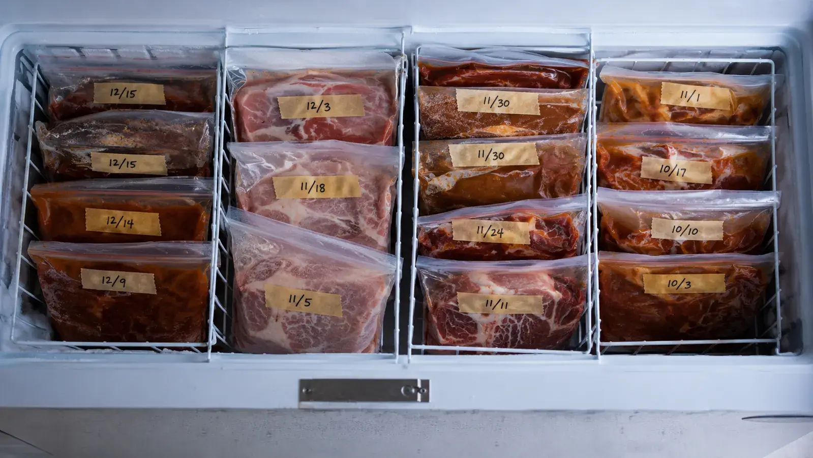 Open chest freezer drawer packed with flat vacuum-sealed bags of meat and produce, labeled and dated