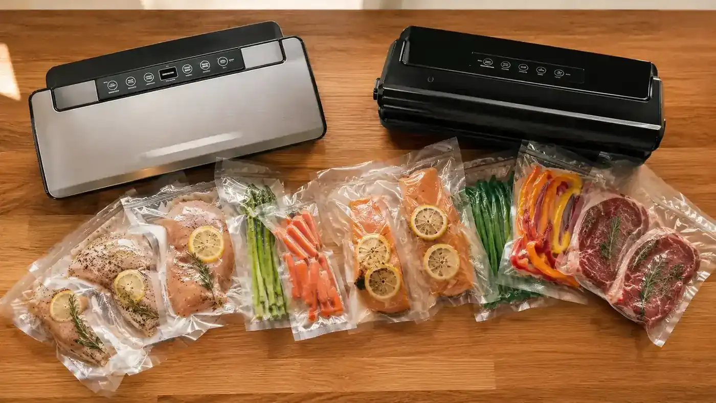 Nesco VS-12 vacuum sealer and a FoodSaver machine sitting side by side on a kitchen counter with sealed bags of food between them