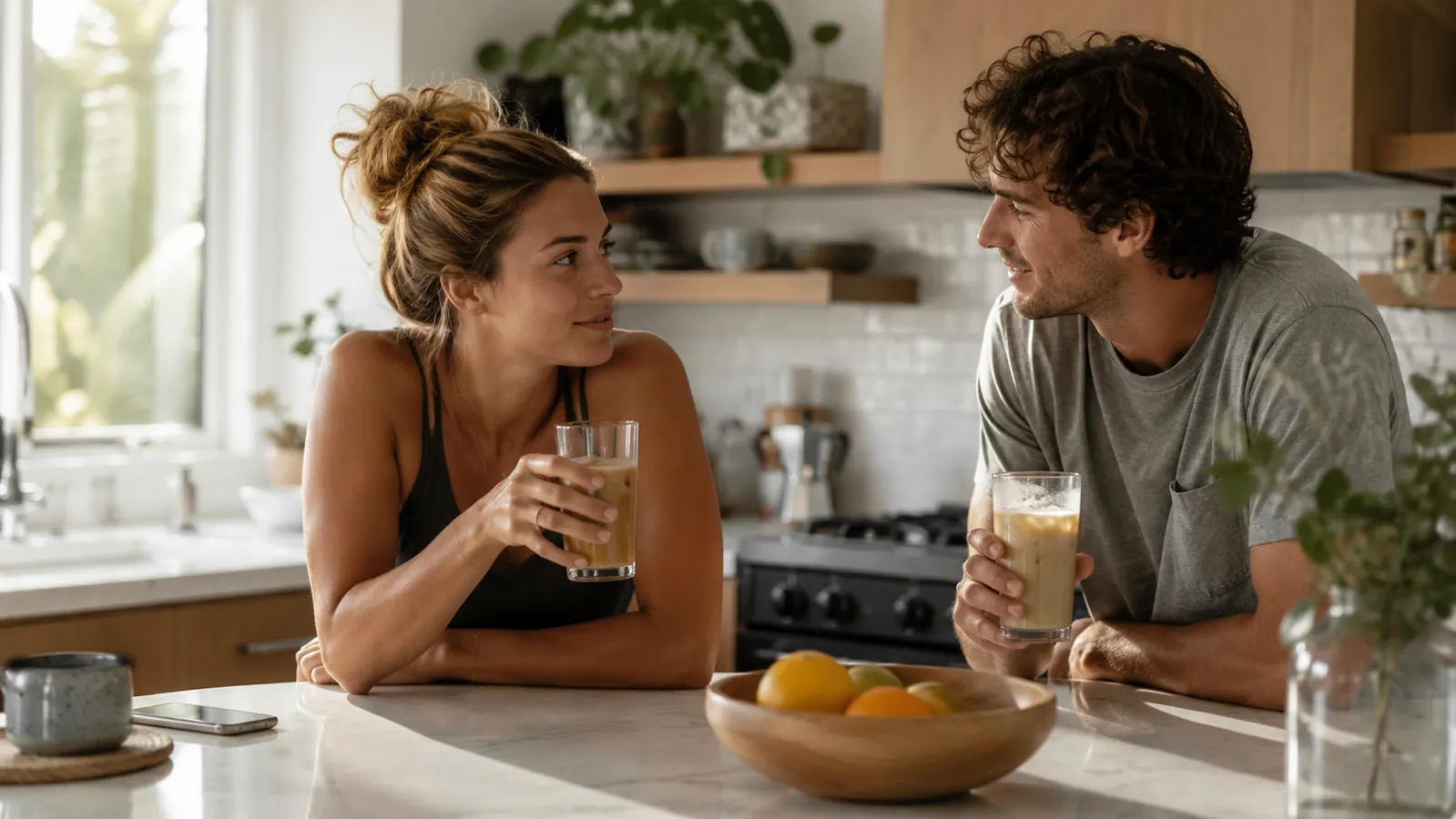 Two people at a kitchen island each holding a glass of iced coffee, morning sunlight coming through the window