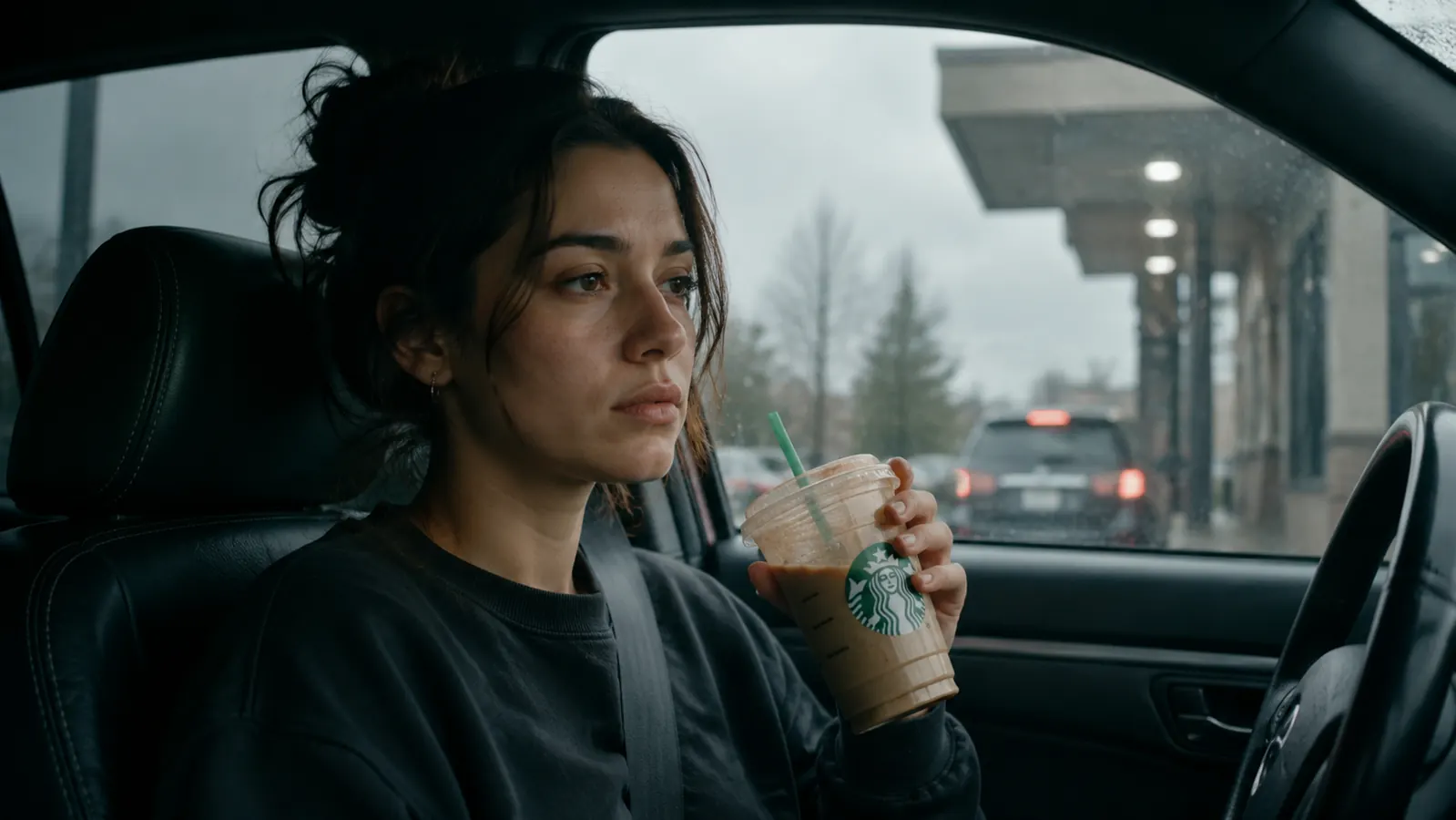 A woman in workout clothes sitting in a drive-through line holding an iced coffee cup, looking tired