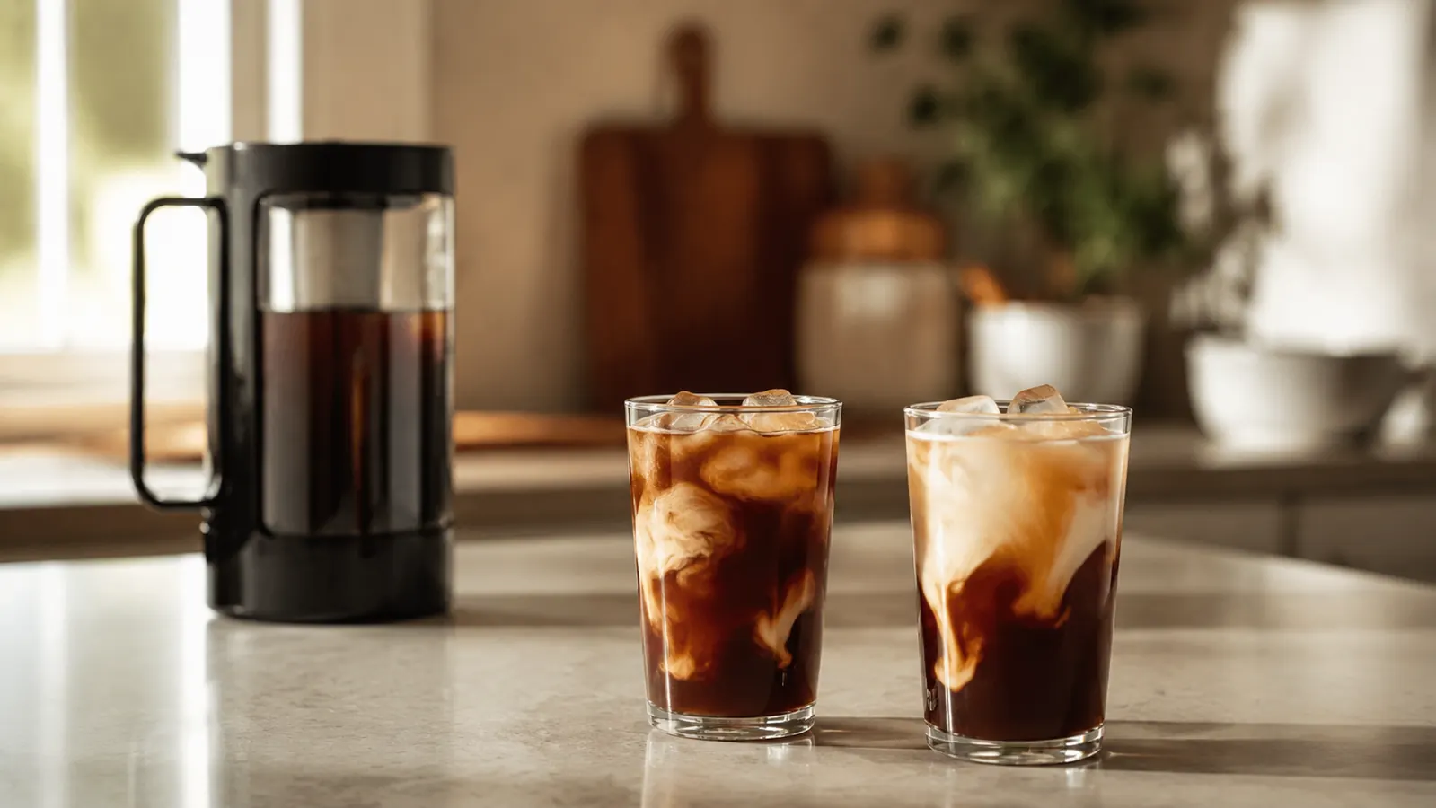 Two glasses of iced coffee on a kitchen island with the cold brew maker in the background